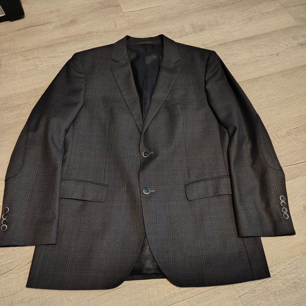 Hugo Boss Mens Charcoal Grey Plaid Two Button Blazer Sport Coat Jacket
